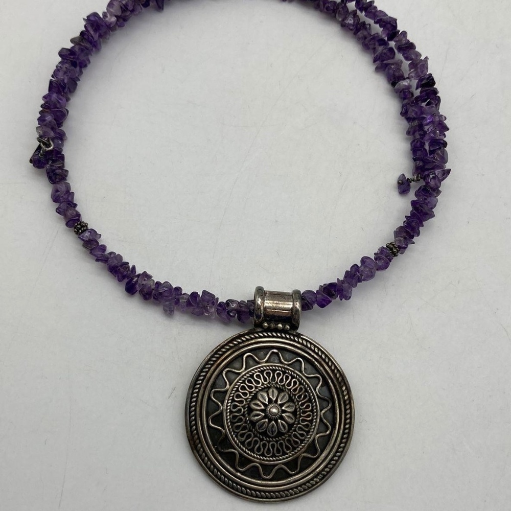Sterling Silver Pendant on Amethyst Beaded Choker Necklace 38g